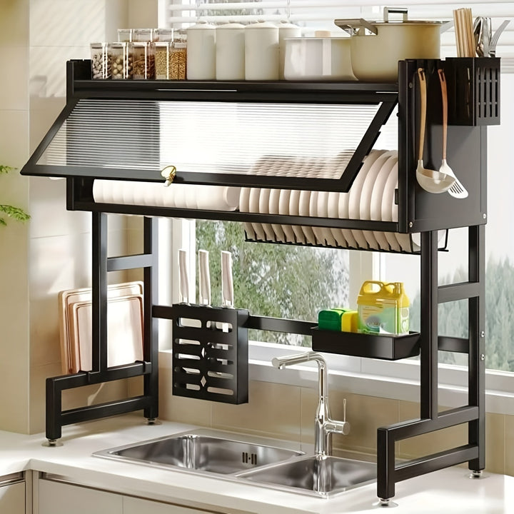 Versatile Kitchen Organizer with Dust Cover - Carbon Steel Storage Rack for Dishes, Utensils & More - Ideal for Home and Restaurant Use