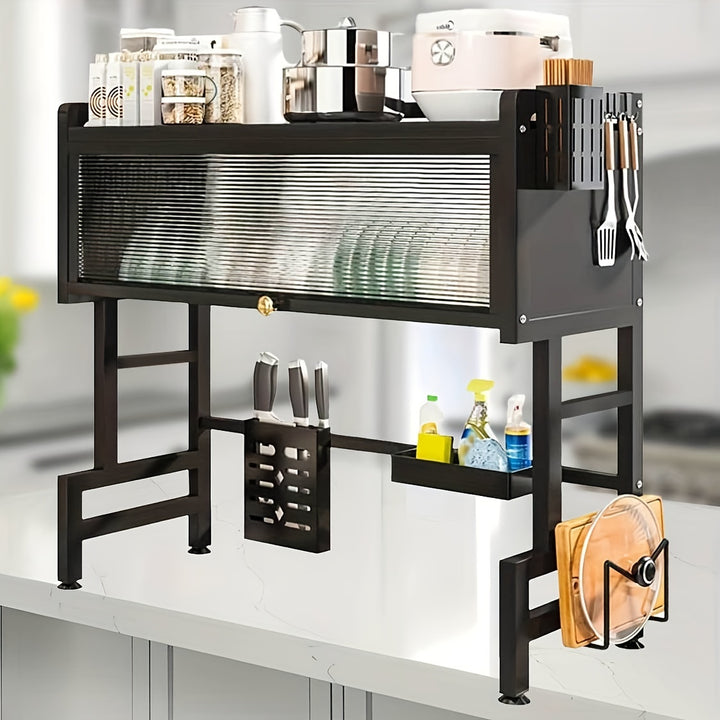 Versatile Kitchen Organizer with Dust Cover - Carbon Steel Storage Rack for Dishes, Utensils & More - Ideal for Home and Restaurant Use