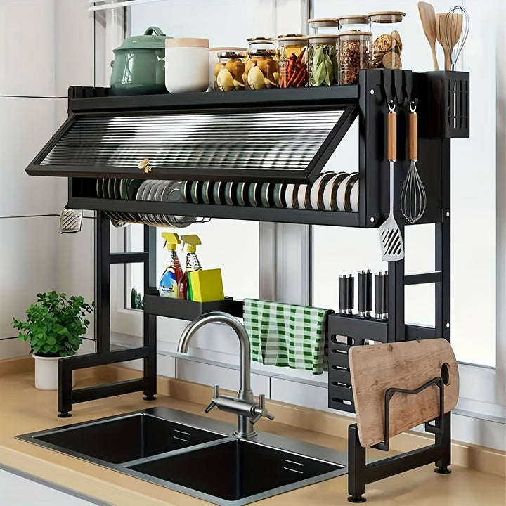 Versatile Kitchen Organizer with Dust Cover - Carbon Steel Storage Rack for Dishes, Utensils & More - Ideal for Home and Restaurant Use