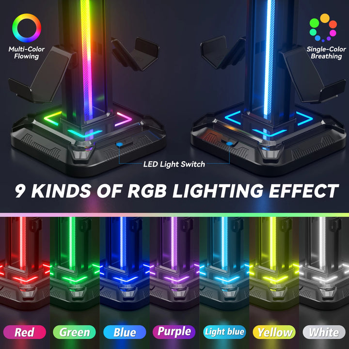 RGB Controller Stand with 9 Light Modes Headset Holder for Desk Rotatable Headphone Stand Detachable Controller Hook