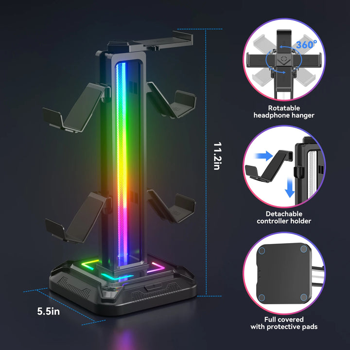 RGB Controller Stand with 9 Light Modes Headset Holder for Desk Rotatable Headphone Stand Detachable Controller Hook