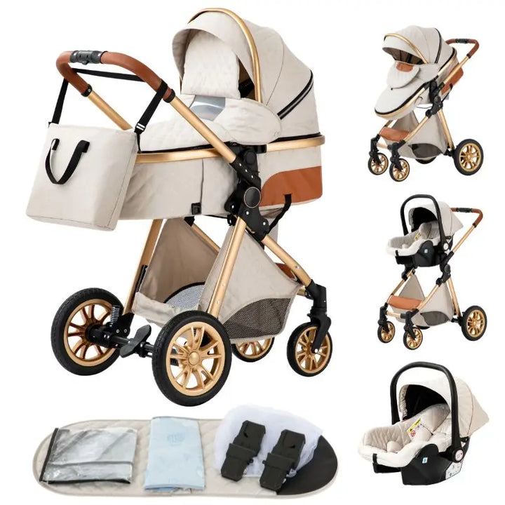 Luxurious Baby Stroller 3 in 1 Portable Travel Baby Carriage Aluminum Frame Folding Prams High Landscape Car for Newborn Baby