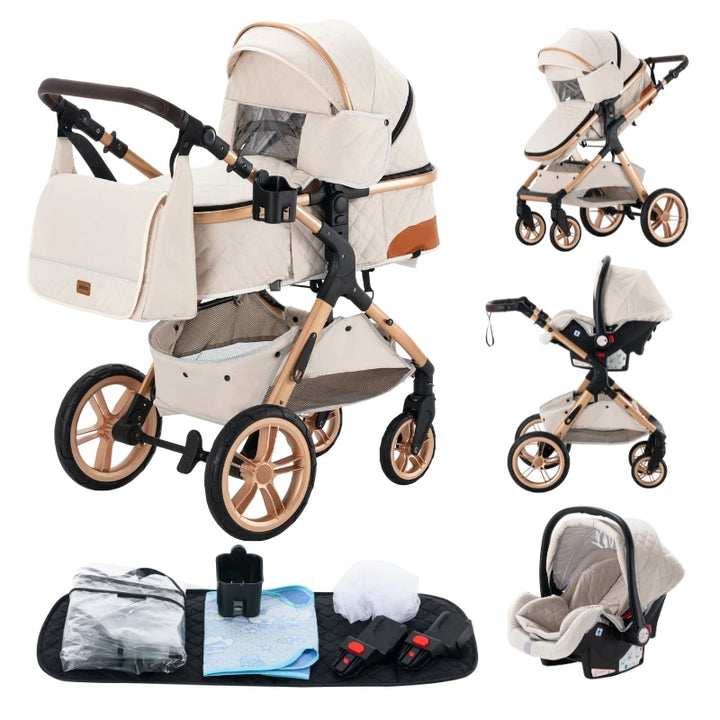 Luxurious Baby Stroller 3 in 1 Portable Travel Baby Carriage Aluminum Frame Folding Prams High Landscape Car for Newborn Baby