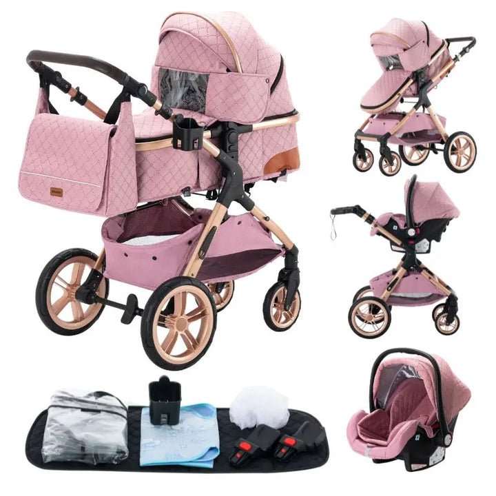 Luxurious Baby Stroller 3 in 1 Portable Travel Baby Carriage Aluminum Frame Folding Prams High Landscape Car for Newborn Baby