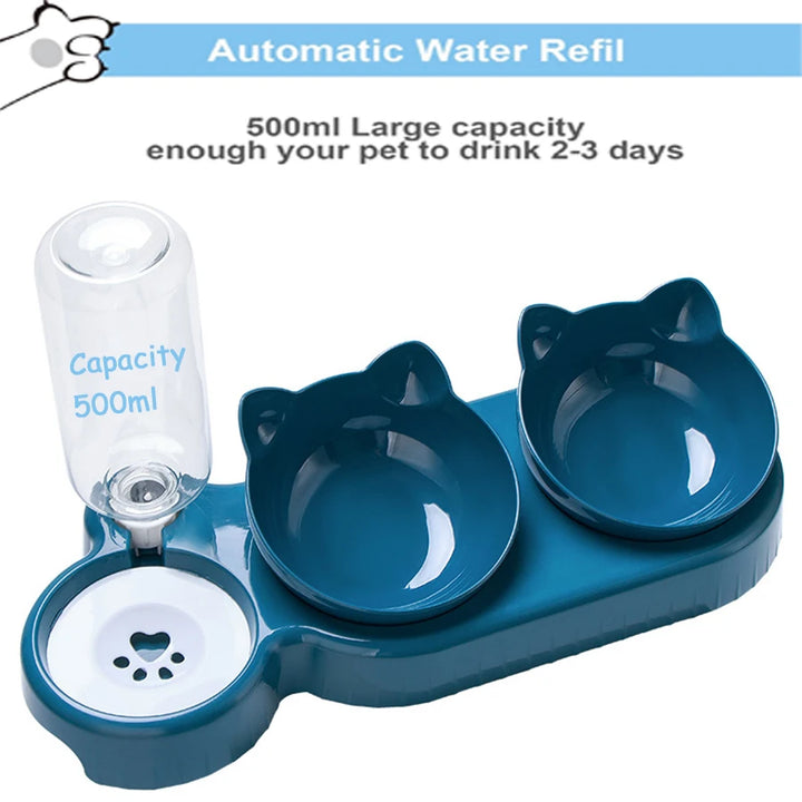 Triple Cat Bowls Pet Feeder, 2-in-1 Double Bowls with Automatic Drinking Bottle, Tilted and Rotatable Design for Cats and Dogs