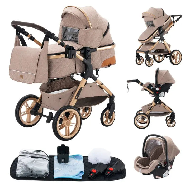 Luxurious Baby Stroller 3 in 1 Portable Travel Baby Carriage Aluminum Frame Folding Prams High Landscape Car for Newborn Baby